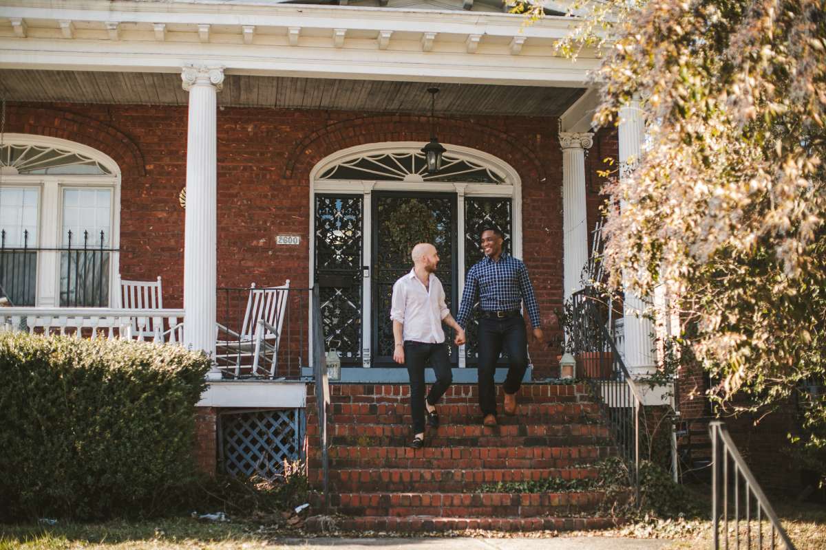 03 Richmond Virginia Northside - Home House Design - Couple Gay LGBT - Porch Columns Brick - Sunny Happy Smile.JPG